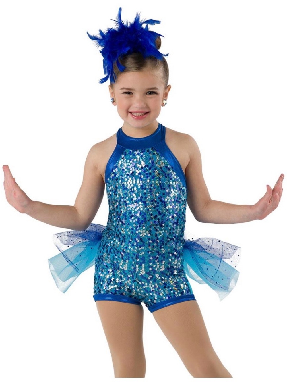 Girls Sequin Halter Blue Dance Romper with Tulle Accents